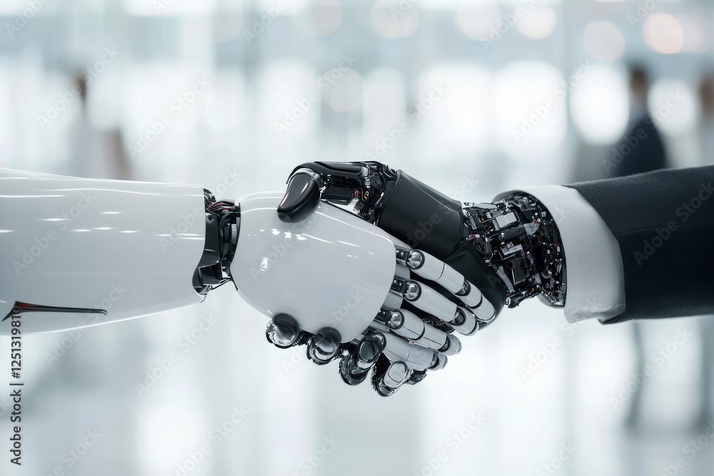 Poster collaboration between human and robot with a handshake in a modern office setting