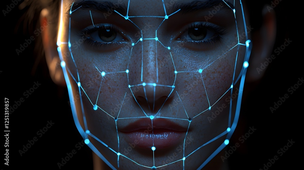 Poster a digital rendering showcasing the key points and contours of a human face being analyzed by advance