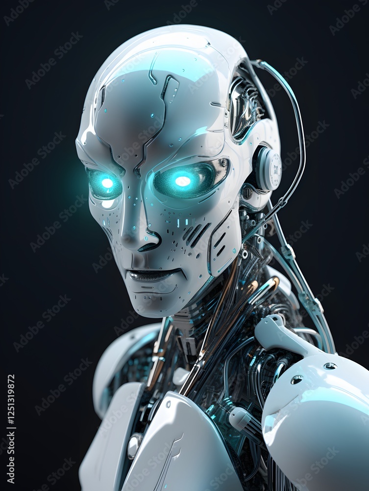 Poster Intricately designed AI robot with sleek metallic joints and glowing cyan eyes, futuristic laboratory setting with holographic interfaces, clean white tones creating a modern aesthetic