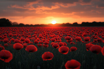 Obraz premium Red poppy field sunset landscape