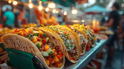 Vibrant street food taco stand with colorful tacos and people enjoying food in a lively urban setting