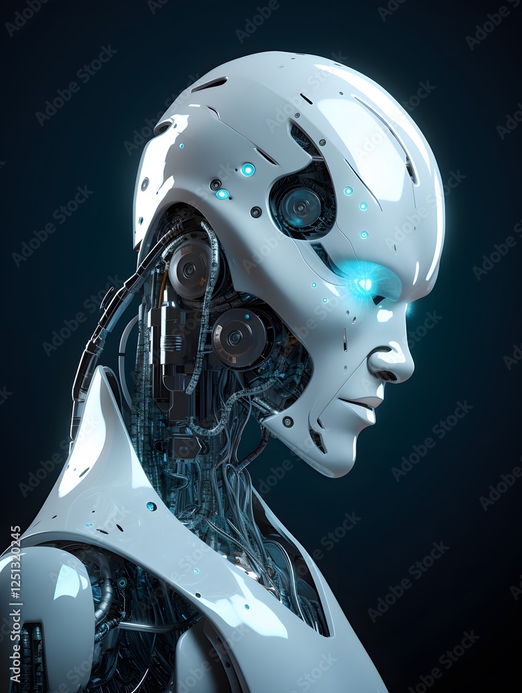 Poster Intricately designed AI robot with sleek metallic joints and glowing cyan eyes, futuristic laboratory setting with holographic interfaces, clean white tones creating a modern aesthetic