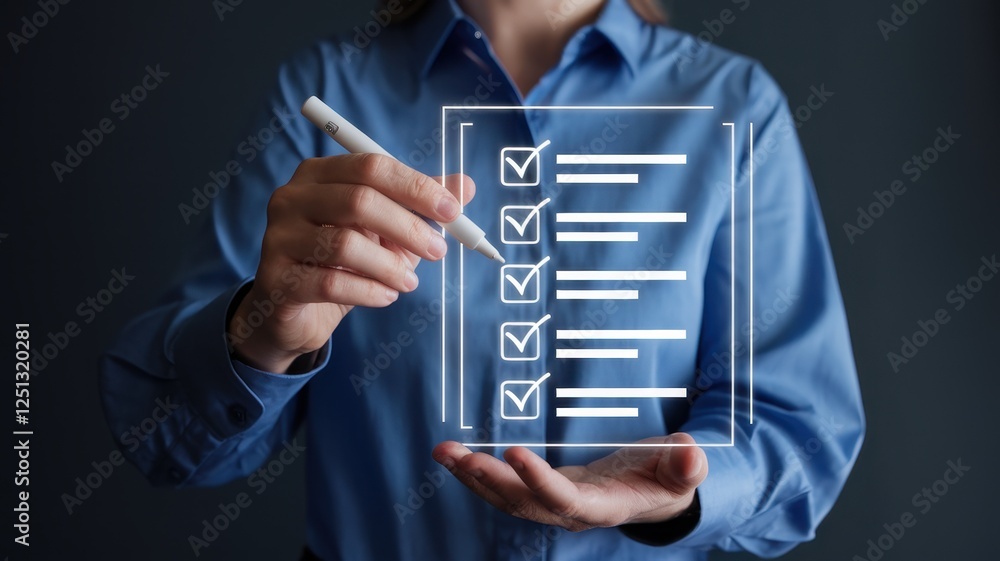 Poster checklist, task management, business concept: a person uses a stylus to check off items on a virtual