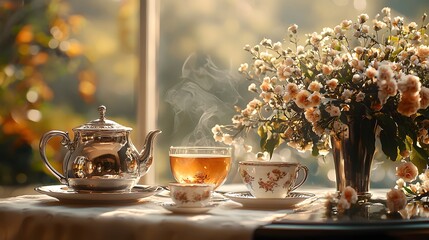 A vase of flowers beside an elegant afternoon tea set in warm tones on a table setting