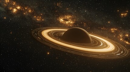 High-tech space station orbiting a distant ringed planet, sleek metallic architecture illuminated by soft glowing lights, scattered stars and nebulae in the background, serene and futuristic