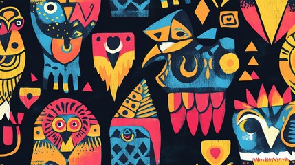 Vibrant graphic illustration featuring stylized animal figures in bold colors on dark background