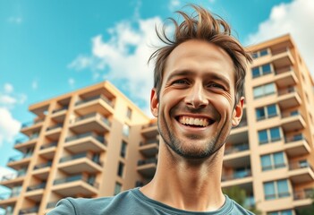 Fototapeta premium Happy male portrait with apartment building background
