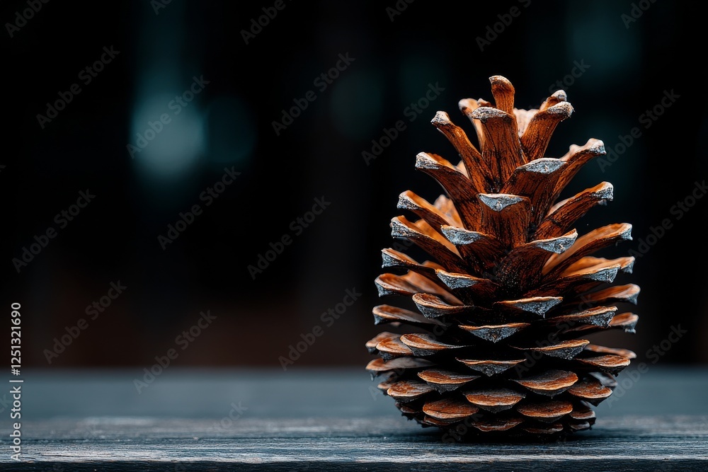 Poster pine cone displayed on a wooden surface with blurred dark background in a natural setting