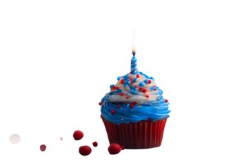 dessert sweet sprinkles american white party snack frosting food baked cupcake blue background candle july lit frosted red star chocolate swirl cup cream cake birthday colourful sprinkle 4th