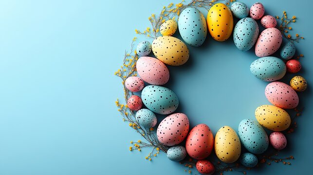 An easter celebration concept top view photo of ordered composition white circle, yellow, blue and pink easter eggs on isolated pastel blue background with copyspace.