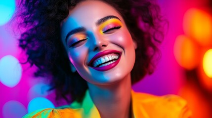 Naklejka premium Eccentric Woman With Ash Brown Skin and Quirky Grin Posing in Vibrant Colorful Background