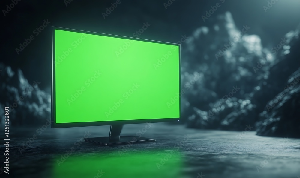 Leinwandbilder a floating computer monitor with a green screen, showcasing modern technology and digital workspace 