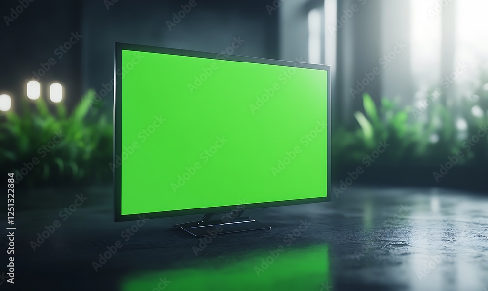 Poster A computer monitor with a green screen, showcasing a modern floating design in a tech environment.