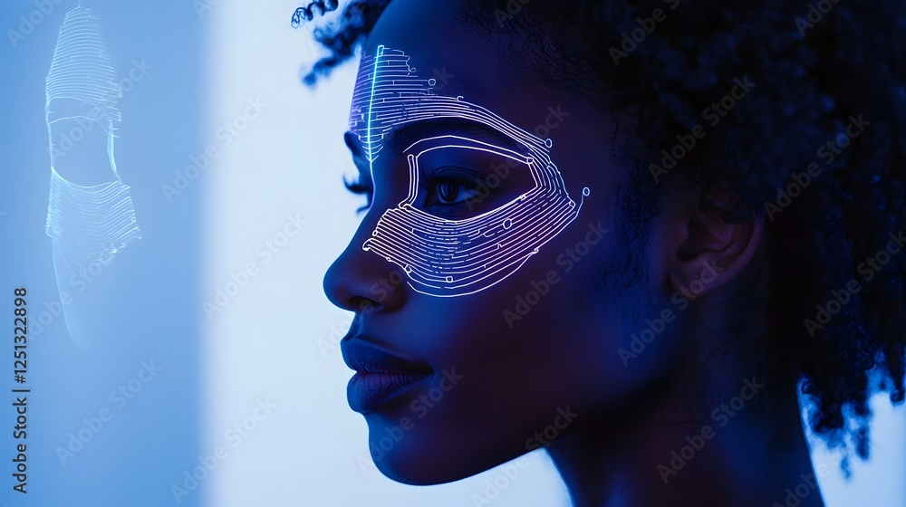 Poster close up view of a person s face being scanned by high tech facial recognition software with glowing