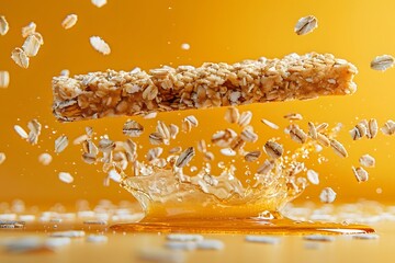 Front View of Dynamic and Floating Crispy Oat Bar with Maple Syrup on Vivid Yellow Background