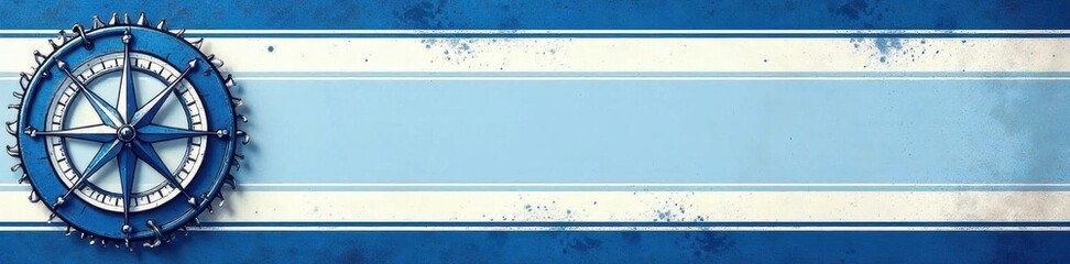 Striped nautical banner with anchor & compass, blue & white design, nautical, sea, navigation