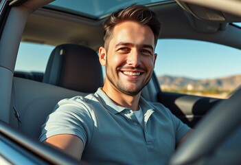 Happy male portrait in a new car on a sunny day