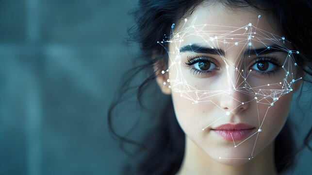 Futuristic facial recognition technology with abstract data streams analyzing and visualizing digital facial features and biometric data  Conceptual background for AI cybersecurity