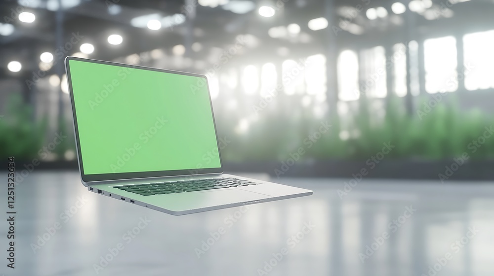 Poster a levitating laptop with a green screen, showcasing modern technology and creativity in a unique vis