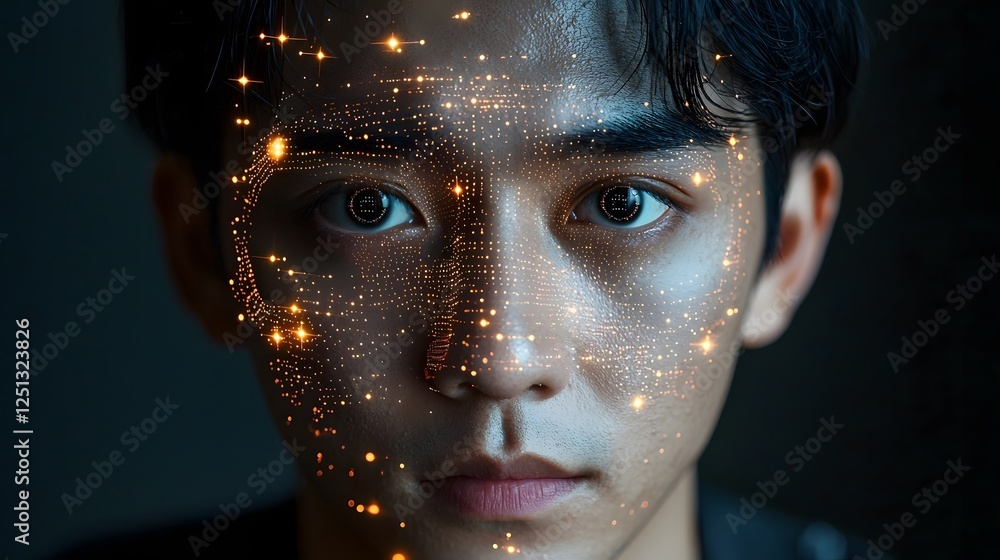 Poster digital facial recognition process visualized through glowing biometric data patterns and cyberpunk 
