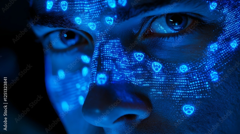 Poster futuristic abstract digital facial recognition technology with data streams analyzing and visualizin