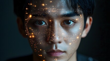 Digital Facial Recognition Process Visualized Through Glowing Biometric Data Patterns and Cyberpunk Inspired Intelligence Technology