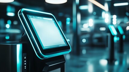 Futuristic self-service kiosk in a modern setting.