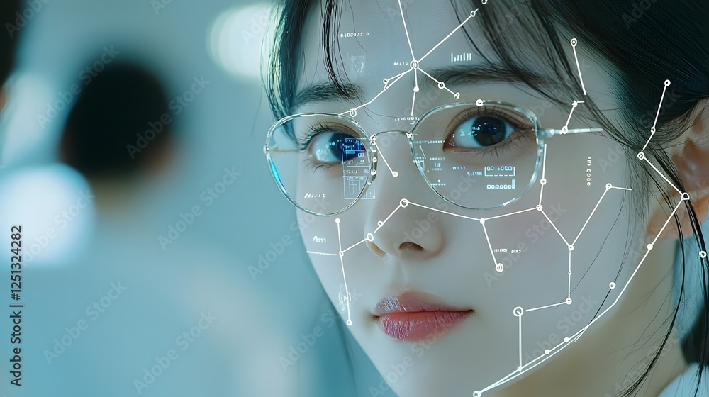 Poster futuristic ai powered facial recognition scanning process with highlighted facial contours and advan