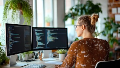 Female Programmer Focused on Code Development, Working with Dual Monitors in Modern Office Setup