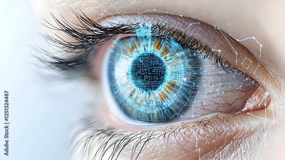Poster close up view of a high tech iris recognition system scanning a human eye with a detailed digital ov