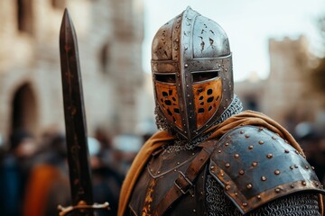 Naklejka premium Medieval warrior dressed in armor holding a sword during a historical reenactment in a bustling town square