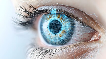Close up view of a high tech iris recognition system scanning a human eye with a detailed digital overlay showcasing the advanced biometric technology for security identification and access control