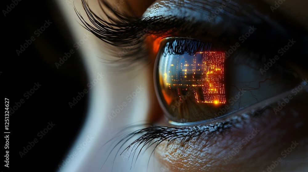 Poster closeup view of a human eye with a glowing digital iris recognition pattern