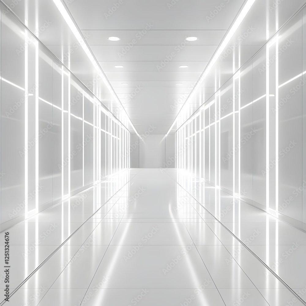 Poster futuristic white corridor with illuminated panels and reflective floor in modern architecture