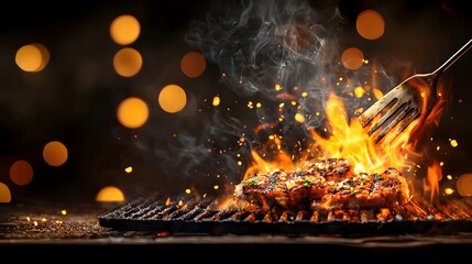 Obraz premium Grill with fork and bbq food cooking on a summer day in an outdoor setting