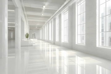 Fototapeta premium Serene minimalist white interior hallway with large windows, showcasing polished floors and modern architecture. Ideal for design, real estate, and corporate presentations.