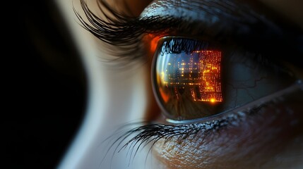Closeup view of a human eye with a glowing digital iris recognition pattern