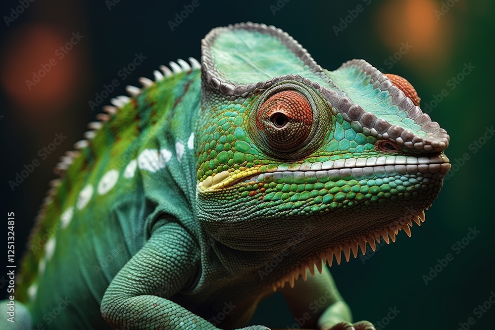 Poster close-up image of a vibrant green chameleon displaying unique colors and textures with intricate pat