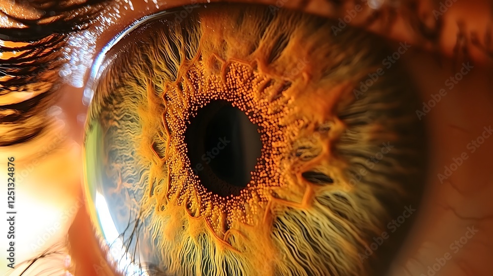 Poster detailed close up view of human iris pattern with intricate textures and colors for use in biometric