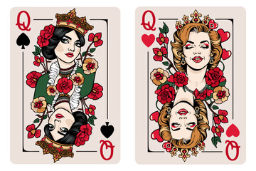 Queen of Spades and Queen of Hearts. Playing cards vector set