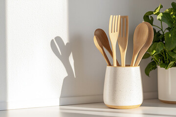 P A set of bamboo cooking utensils neatly arr
