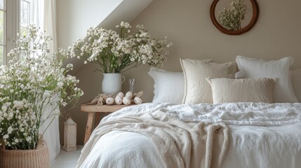 Tranquil Easter Retreat: Soft Bedroom Decor with Delicate Floral Touches