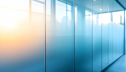 Abstract image of frosted glass panels in a modern office building, bathed in warm sunset light.  Ideal for corporate, design, and architecture projects.