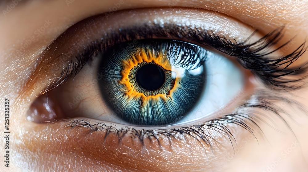 Poster closeup view of a futuristic iris biometric scanning process analyzing the intricate patterns and te