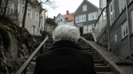 Elderly person with white hair wearing a dark coat walking up stairs between traditional houses on an overcast day  
