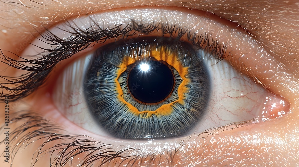 Poster close up view of a futuristic iris scanning process analyzing the intricate pattern of the eye for b