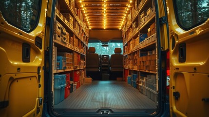 Interior view of a delivery van filled with organized boxes, illuminated by warm lights, showcasing logistics