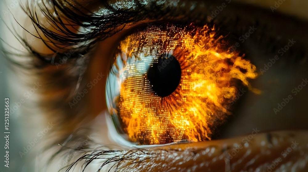 Poster intense and fiery digital pattern highlighting the unique iris structure during a biometric identifi