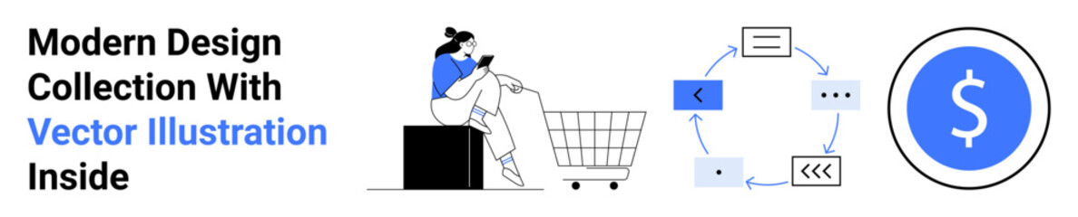 Woman seated near shopping cart browsing smartphone, tech flowchart for user process, blue dollar sign icon. Ideal for e-commerce, online shopping, fintech, UX design, business strategy, digital
