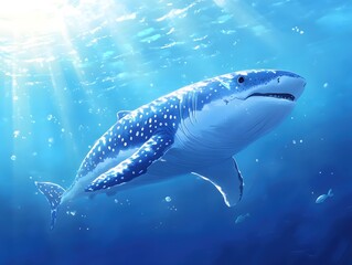 Fototapeta premium Gentle Giant Whale Shark Swimming Gracefully in the Deep Blue Ocean with Sun Rays Shining Through